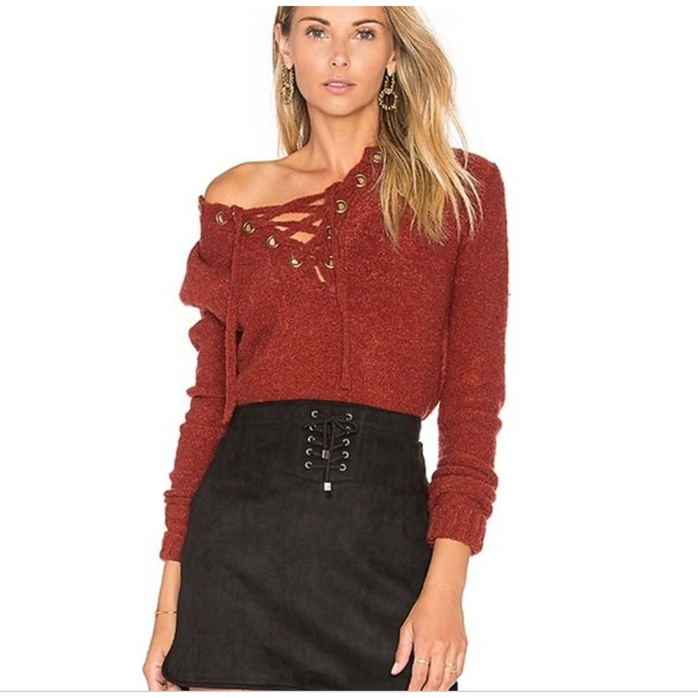 Lovers + Friends Revolve Rocky Lace Up Sweater XS Red Boucle Knit Wool EUC!